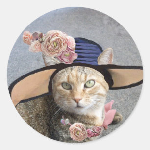 ELEGANTE KATZE MIT GROSSEM DIVA HAT,PINK ROSES RUNDER AUFKLEBER