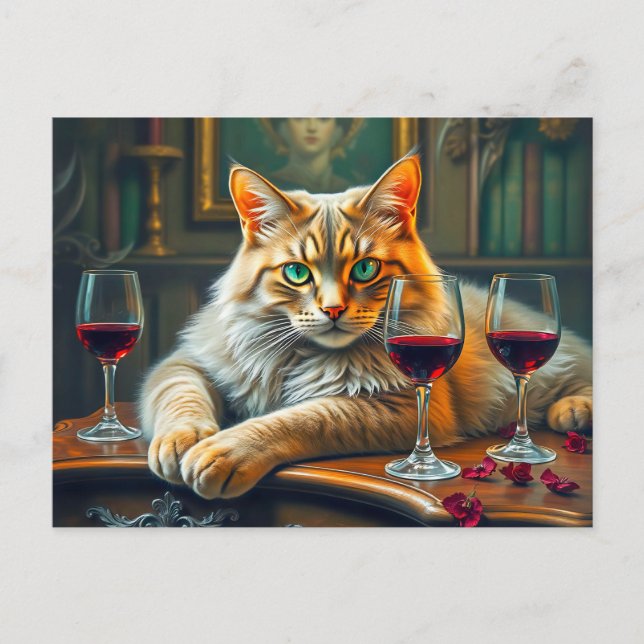 Elegante Katze mit Roter Weingläser Postkarte (Vorderseite)