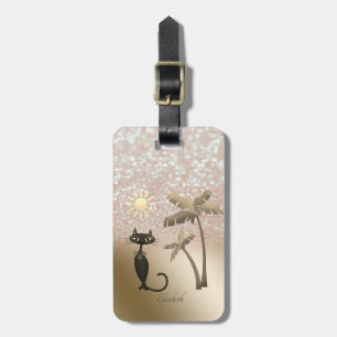 Elegante Katze, Palmen, Glitter-Bokeh - Personalis Gepäckanhänger