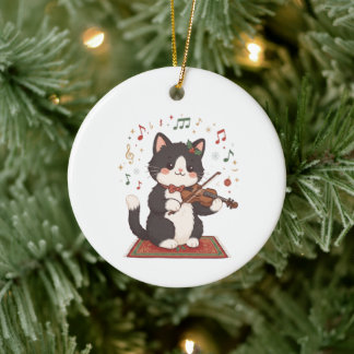 Elegante Katze spielt Violine Weihnachten Keramik Ornament