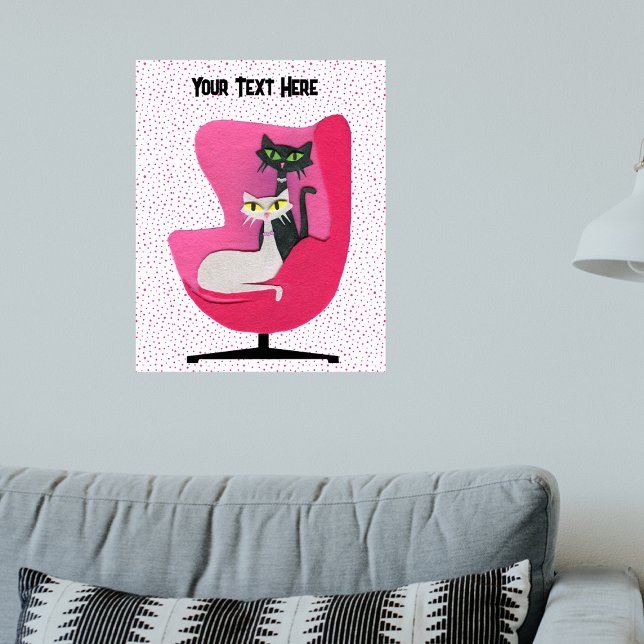 Elegante Katzen Diamantkörbe in rosa Stuhldosen Poster (Elegant cats diamond collars in mid century pink chair on white with pink dots artwork poster.)