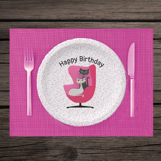 elegante Katzen Rosa Stuhl Punkte Mitte Jahrhunder Pappteller (Two elegant mid century style cats in pink chair on white with pink dots Birthday paper party plates)
