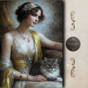 Elegante Katzenporträt-Dekupage einer Frau Seidenpapier