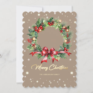 Elegante Kiefer Stechpalmen Beeren Kranz Ornamente Feiertagskarte
