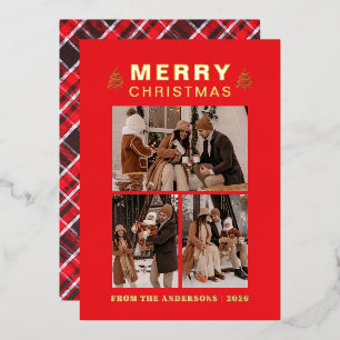 Elegante Kiefer & Tartan Karo Weihnachten 3 Foto Folien Feiertagskarte