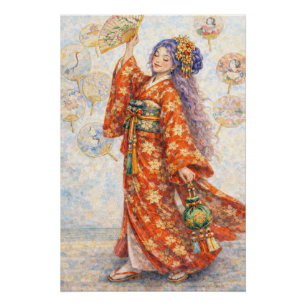Elegante Kimono-Frau mit Fächer Poster