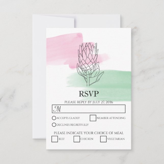 Elegante King Protea Watercolor Wedding RSVP Cards Karte (Vorderseite)