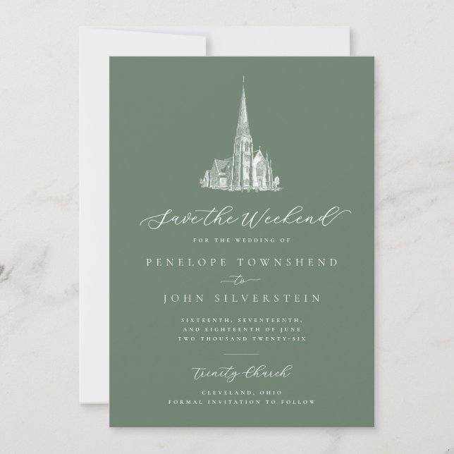 Elegante Kirche Rette am Wochenende Grüne Hochzeit Save The Date (Vorderseite)