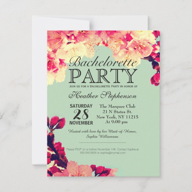 Elegante Kirschblüten auf rustikalen Aquamarinen Einladung (Vorderseite)