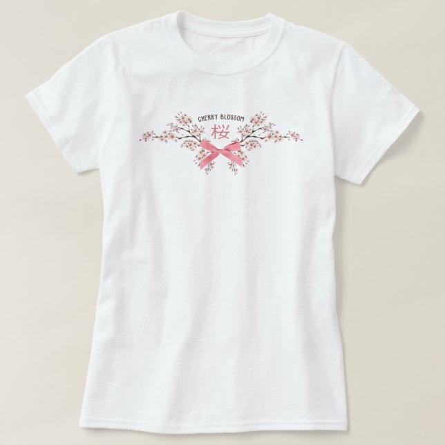 Elegante Kirschblüten-Sakura mit rosa Schleife T-Shirt (Design vorne)