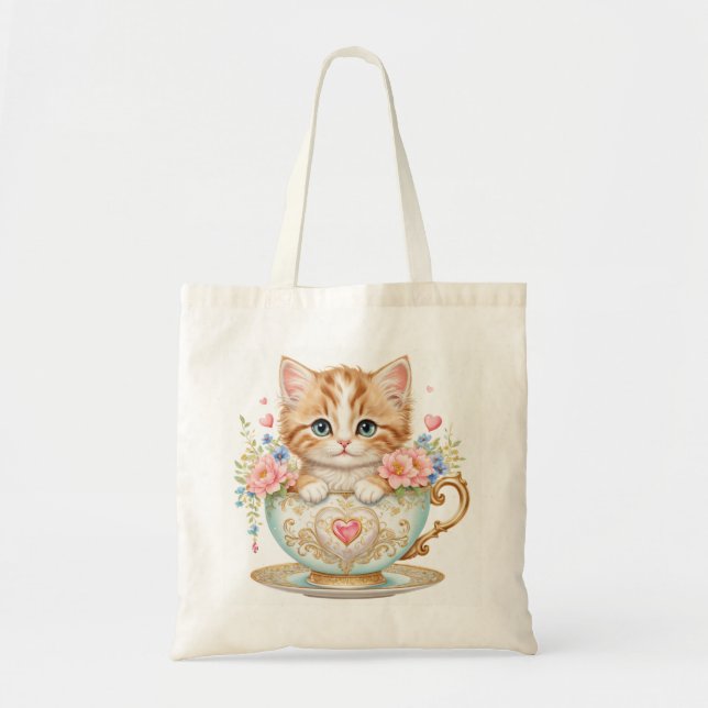 Elegante Kitten in Teacup - Blumendesign - Tragetasche (Vorne)