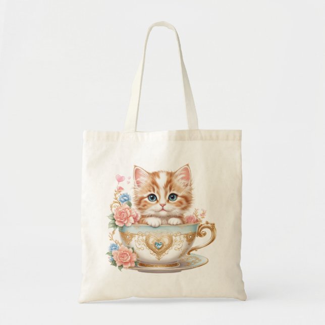 Elegante Kitten in Teacup - Blumendesign - Tragetasche (Vorne)