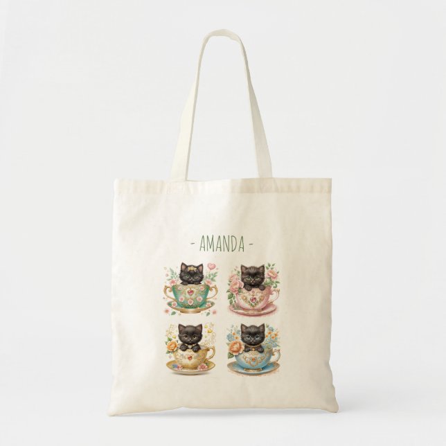 Elegante Kittens in Teacup - Tasche mit Name (Vorne)