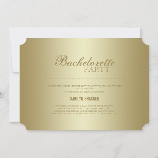 Elegante Klasse| Gold - Ticket| Bachelorette Einladung (Vorderseite)