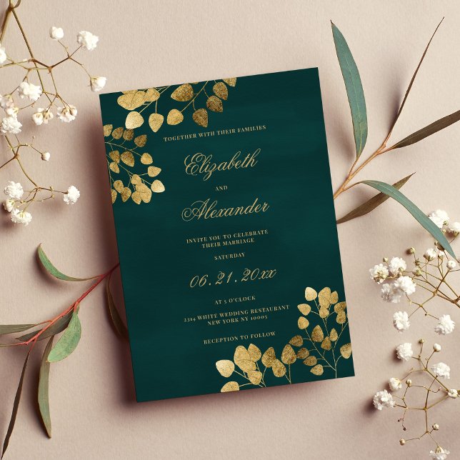 Elegante Klassik Dunkelgrün Eukalyptus Hochzeit Einladung (Elegant classic dark green gold eucalyptus wedding invitation )