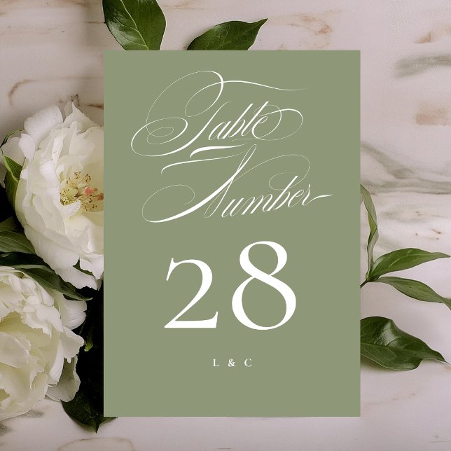 Elegante Klassik-Szene auf White Calligraphy Weddi Tischnummer (Von Creator hochgeladen)