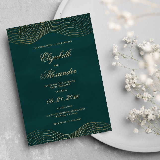 Elegante klassisch dunkelgrüne goldene Hochzeit Einladung (Elegant classic dark green gold geometric wedding )