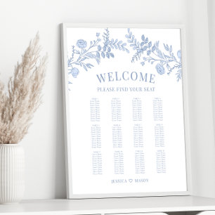Elegante klassische blaue Blumen-Hochzeitssitzordn Poster