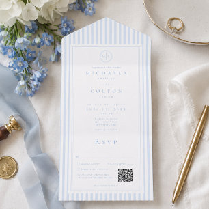 Elegante klassische blaue Streifen-Monogramm-Hochz All In One Einladung