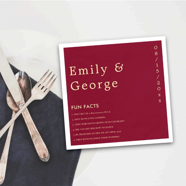 Elegante klassische Burgund Gold Fun Fakten Hochze Serviette (Von Creator hochgeladen)