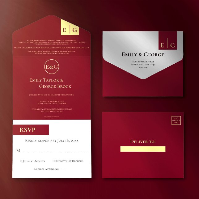 Elegante klassische Burgundy Gold Monogram Wedding All In One Einladung (Von Creator hochgeladen)