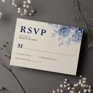 Elegante klassische Creme & Blue Floral Wedding RSVP Karte