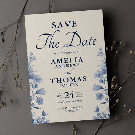 Elegante klassische Creme & Blue Floral Wedding Save The Date