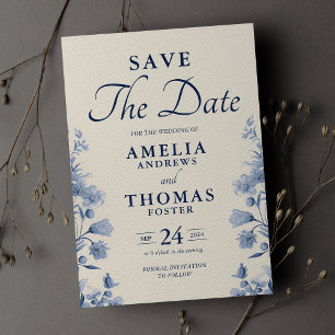 Elegante klassische Creme & Blue Floral Wedding Save The Date