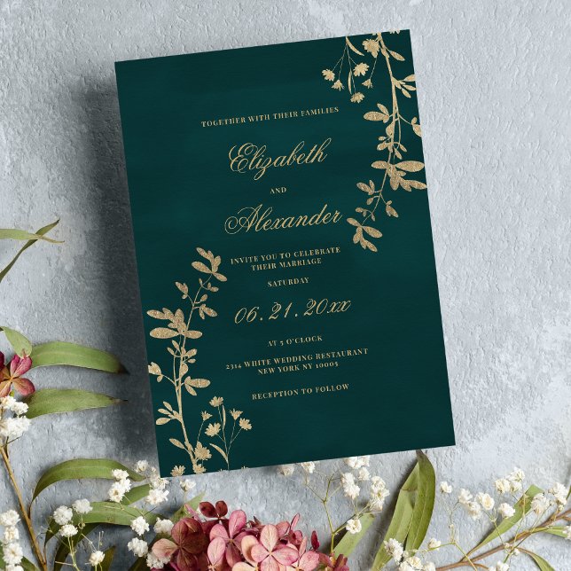 Elegante klassische dunkelgrüne goldene Hochzeit m Einladung (Elegant classic dark green gold floral wedding )