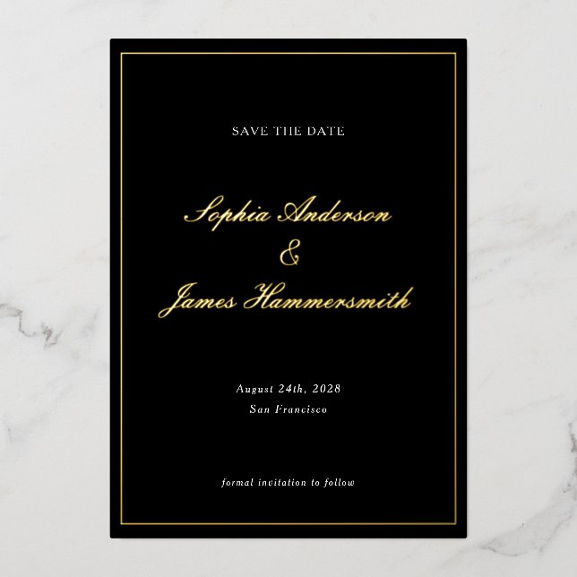 Elegante klassische formale Schwarz-Rahmen-Skripte Folieneinladung (Vorderseite)