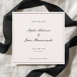 Elegante klassische formale Schwarz-Rahmen-Skripte Save The Date<br><div class="desc">Eleganter,  formeller und eleganter Platz Hochzeit Speichern Sie das Datum mit Script Typografie für die Paare Namen,  cremeweißer Hintergrund,  ein eleganter Rahmen auf der Vorderseite und ein schwarzer Backer. Passen Sie es mit Ihren eigenen Hochzeitsinformationen an. Eine sehr elegante und raffinierte Hochzeitsankündigung für moderne Paare.</div>