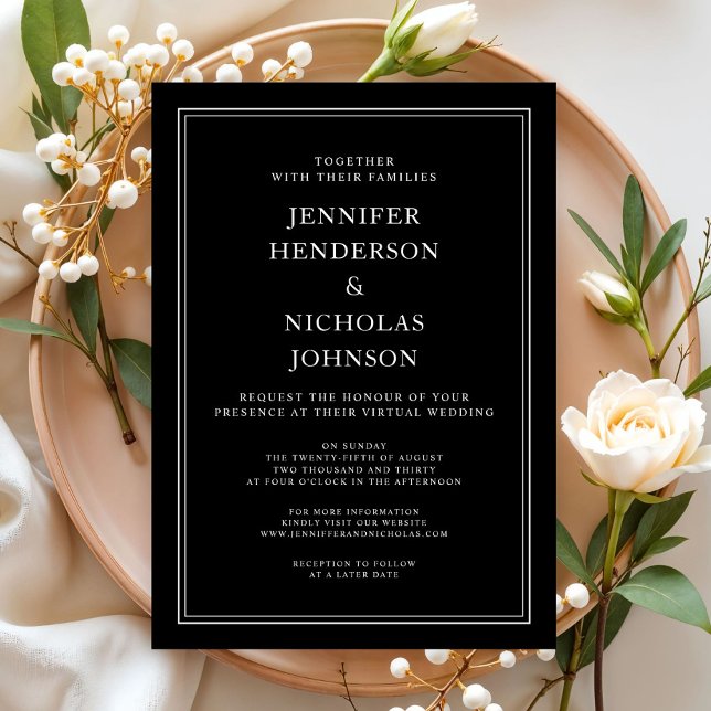 Elegante klassische formale Schwarz-weiße virtuell Einladung (Elegant Classic Formal Black White Virtual Wedding Invitation)