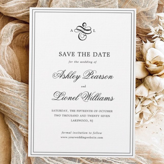 Elegante klassische formale Skriptmonogramm-Hochze Save The Date (Von Creator hochgeladen)