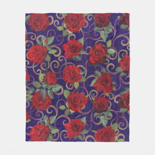 Elegante, klassische Golddamaske Vintage Rote Rose Fleecedecke (Vorderseite)