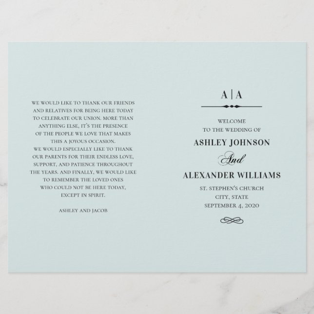 Elegante klassische Hochzeit. Blaues Programm (Vorderseite)