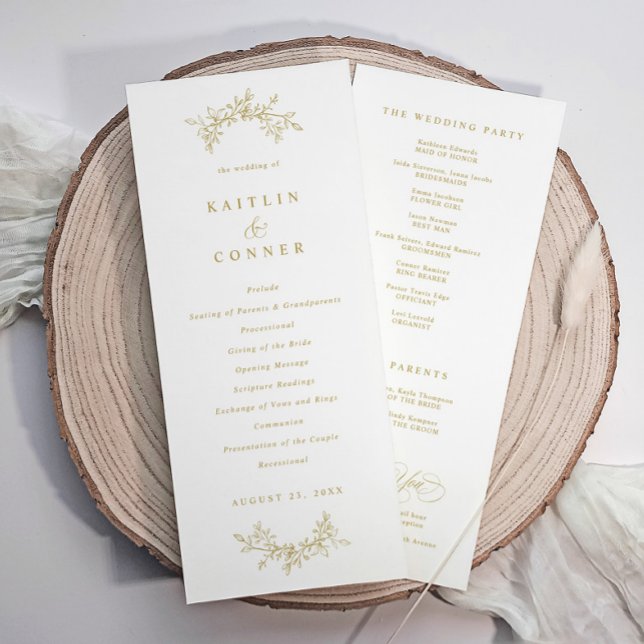 Elegante klassische Hochzeitsprogramme im Vintage- Programm (Elegant gold wedding programs with a botanical hand drawn gold design.)