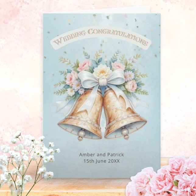 Elegante klassische Hübsche Personalisierte Hochze Karte (A personalized wedding Congratulations card for the newlywed couple, with bells, flowers and ribbon)