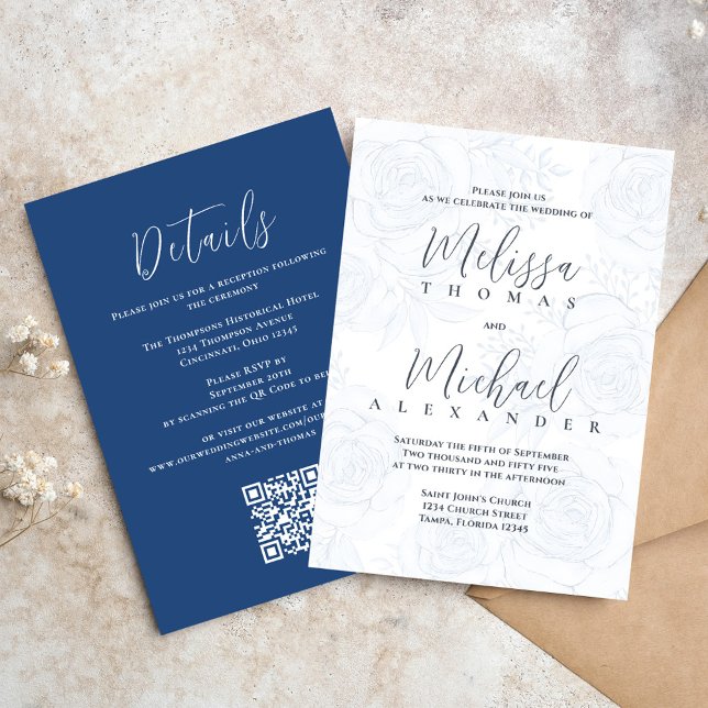 Elegante klassische Kalligrafie Floral Dusty Blue  Einladung (Elegant wedding invitations with blue floral pattern and taupe with QR Code)