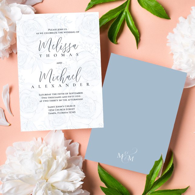 Elegante klassische Kalligrafie Floral Dusty Blue Einladung (Elegant wedding invitations with blush floral pattern and taupe back.)