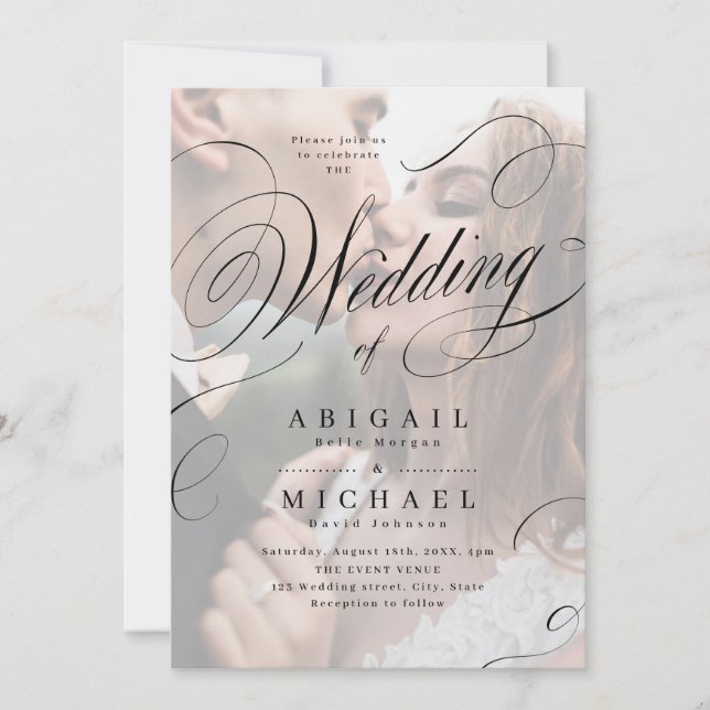 Elegante klassische Kalligraphie Foto Hochzeitsein Einladung (Vorderseite)