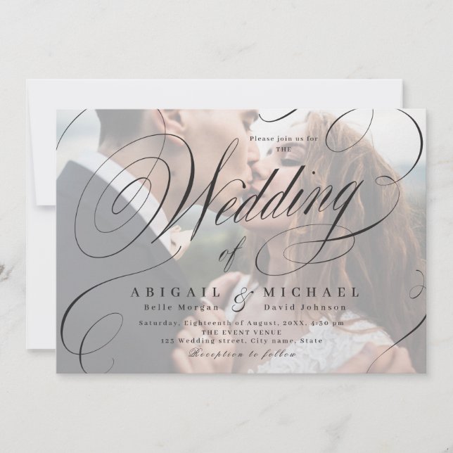 Elegante klassische Kalligraphie Foto Hochzeitsein Einladung (Vorderseite)