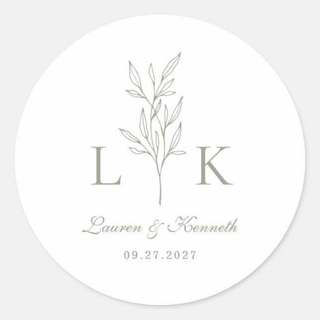 Elegante klassische Leaf Monogram Wedding Sage Gre Runder Aufkleber (Vorderseite)