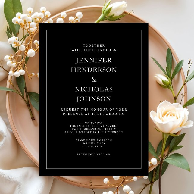 Elegante klassische Minimalistische Hochzeit Einladung (Elegant Classic Black Minimalist Wedding Invitation)