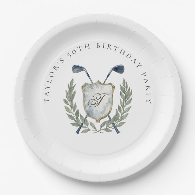 Elegante klassische Monogramm-Golf-Wappen-Geburtst Pappteller (Vorderseite)