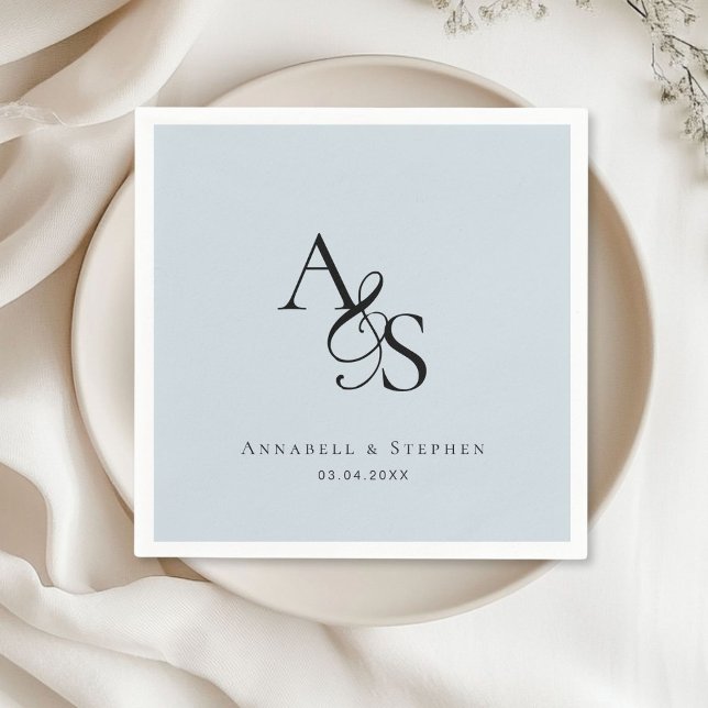 Elegante, klassische, monogramm, hellblaue Hochzei Serviette (Elegant, Classic, Monogram, Light-Gray, Wedding Napkin with your name and date.)