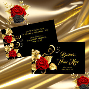 Elegante klassische Rote Rose Black Gold Leaf Visitenkarte