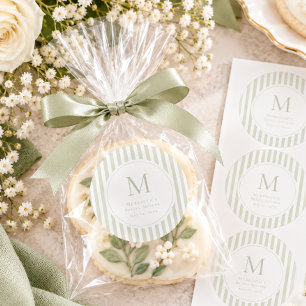 Elegante klassische Salbei-Streifen-Monogramm-Brau Runder Aufkleber