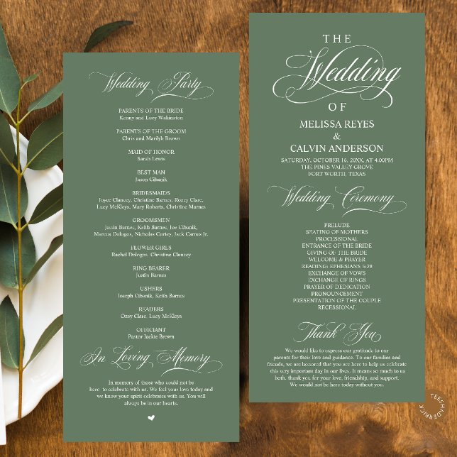 Elegante Klassische Salbeigrüne Schrift Hochzeit Programm (Elegant Classy Sage Green Script Wedding Program Card)