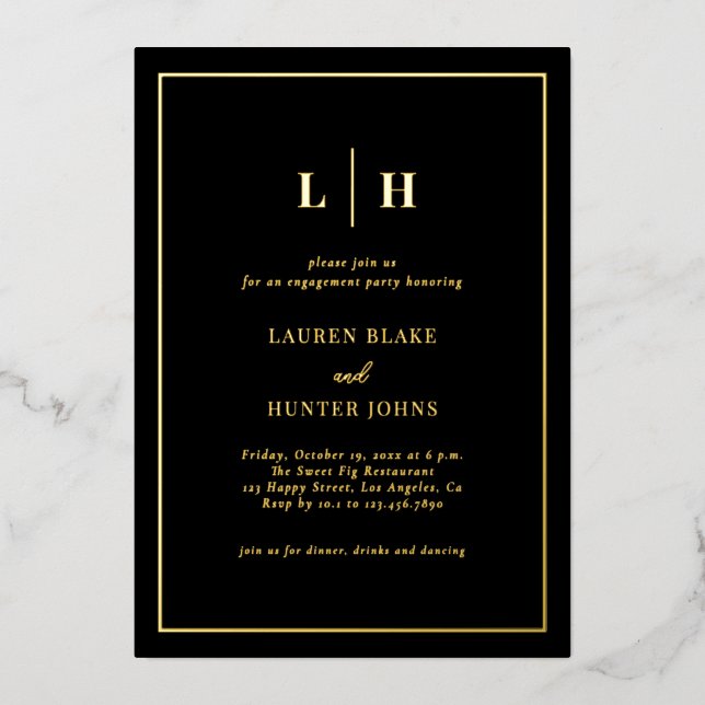Elegante klassische Schwarz-Gold-Verlobung Folieneinladung (Vorderseite)