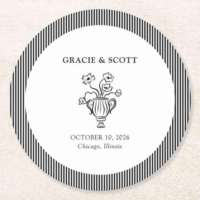 Elegante klassische Schwarz-Weiß-Hand-Hochzeit Runder Pappuntersetzer (Vorderseite)